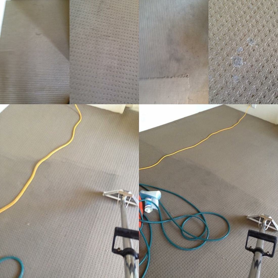 Before and after panels of carpet cleaning through a hallway and living room